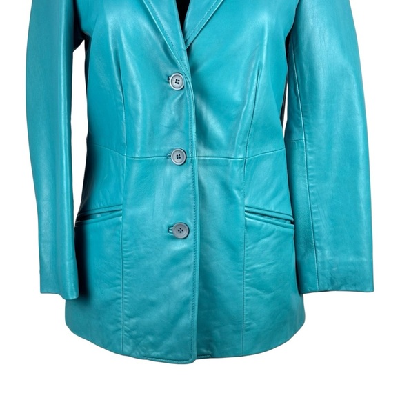 BERNARDO Y2K TEAL OVERSIZE LEATHER BUTTON DOWN BLAZER JACKET CAR COAT - Picture 10 of 16